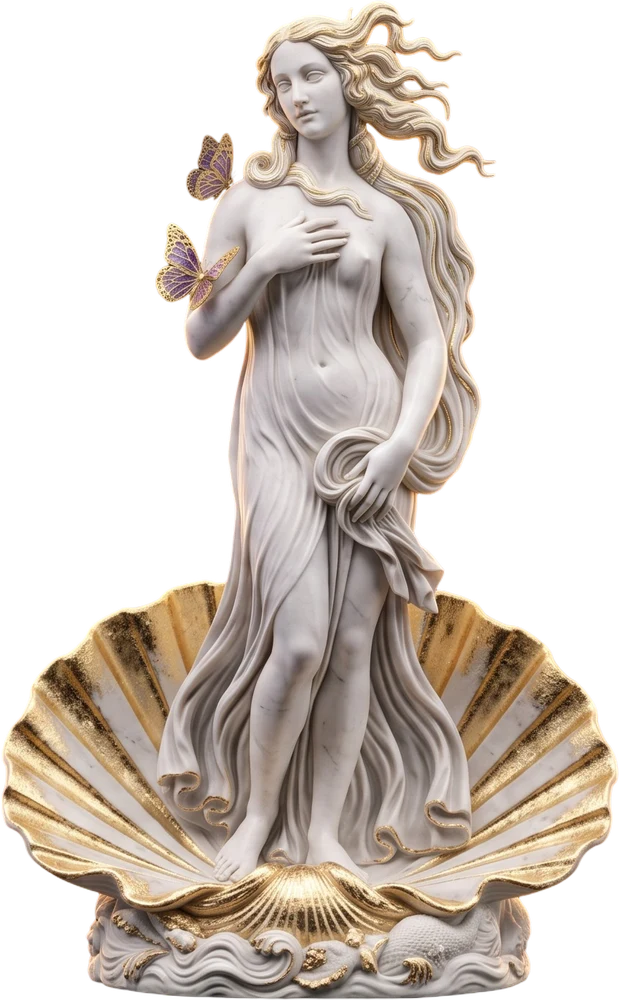 Statujë mermeri e Afërditës mbi guaskë të artë, me flutura